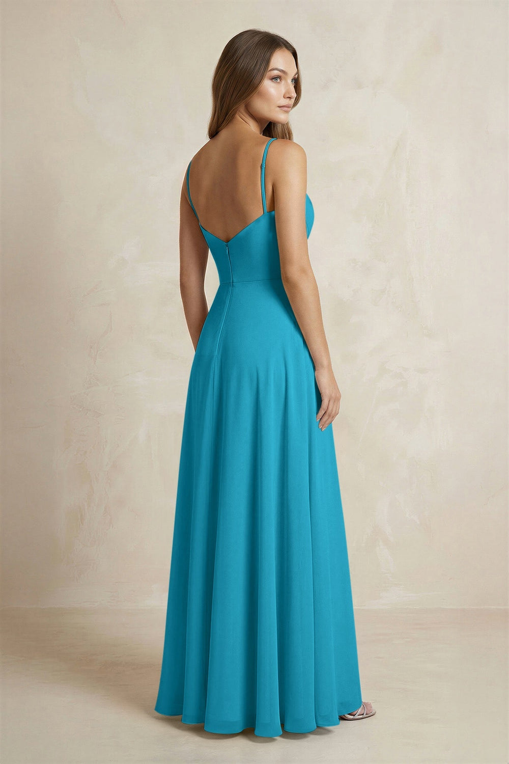 A - Line Cami Strap Chiffon Bridesmaid Dress With Slit in Blue Jay - KISS BRIDAL Bridesmaid Dresses