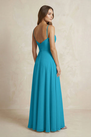 A - Line Cami Strap Chiffon Bridesmaid Dress With Slit in Blue Jay - KISS BRIDAL Bridesmaid Dresses