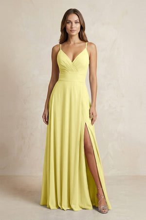 A - Line Cami Strap Chiffon Bridesmaid Dress With Slit in Buttercup - KISS BRIDAL Bridesmaid Dresses