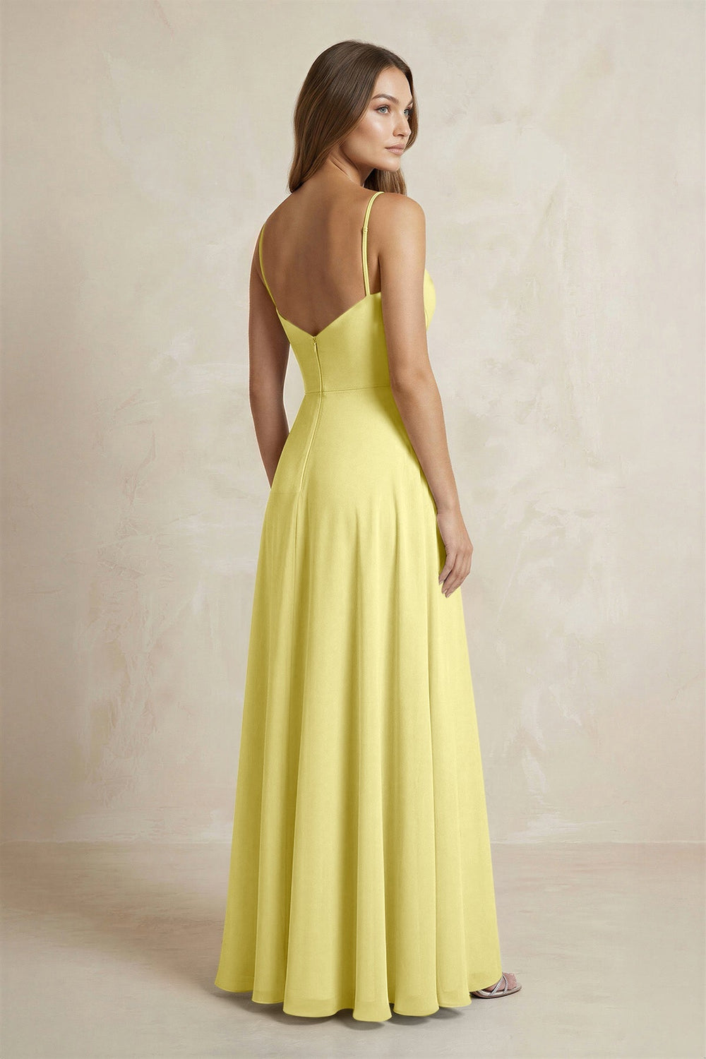 A - Line Cami Strap Chiffon Bridesmaid Dress With Slit in Buttercup - KISS BRIDAL Bridesmaid Dresses