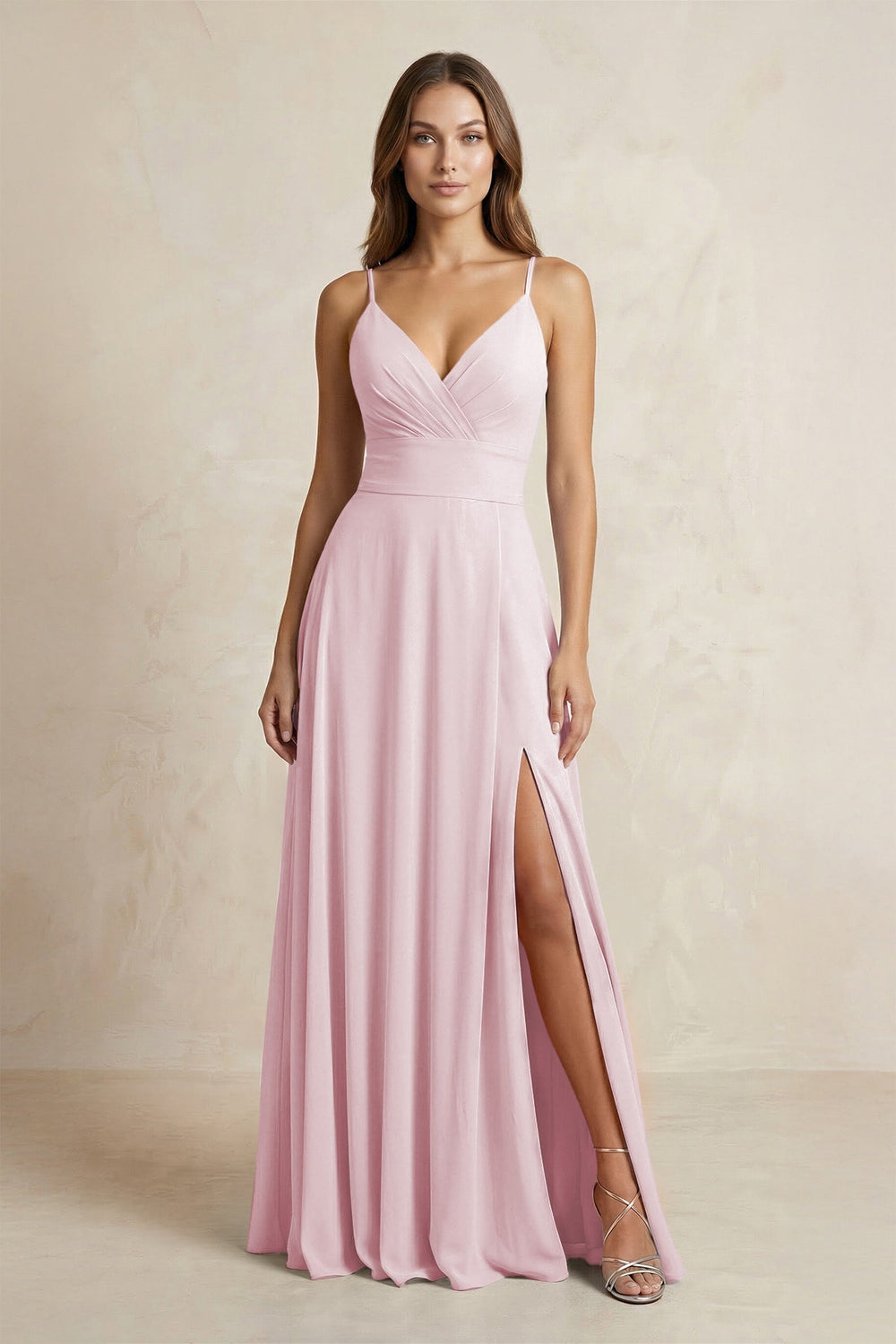 A - Line Cami Strap Chiffon Bridesmaid Dress With Slit in Candy Pink - KISS BRIDAL Bridesmaid Dresses