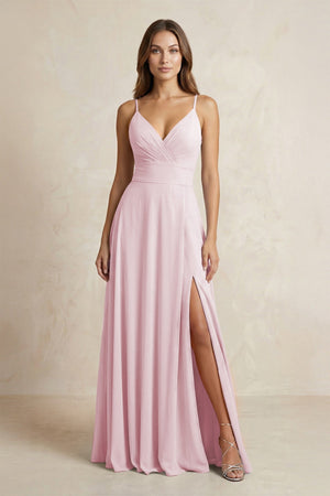 A - Line Cami Strap Chiffon Bridesmaid Dress With Slit in Candy Pink - KISS BRIDAL Bridesmaid Dresses