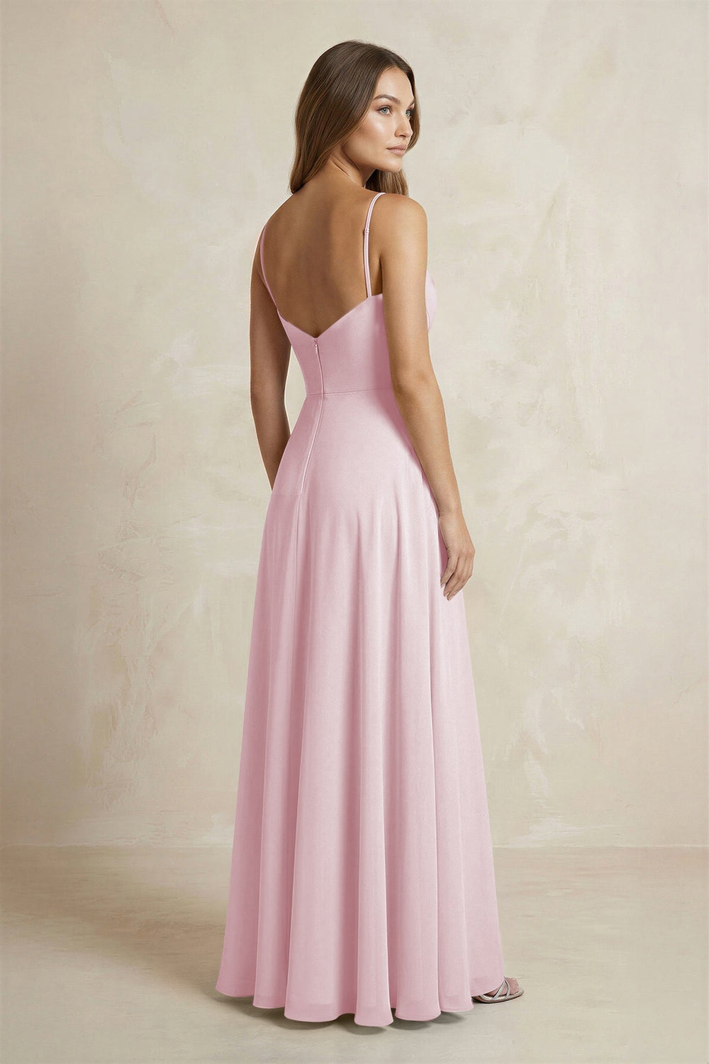 A - Line Cami Strap Chiffon Bridesmaid Dress With Slit in Candy Pink - KISS BRIDAL Bridesmaid Dresses