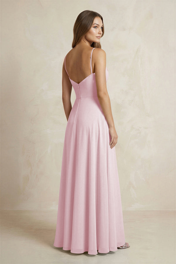 A - Line Cami Strap Chiffon Bridesmaid Dress With Slit in Candy Pink - KISS BRIDAL Bridesmaid Dresses