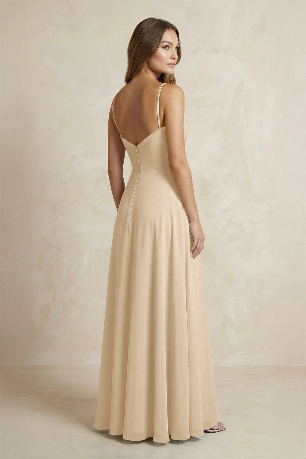 A-Line Cami Strap Chiffon Bridesmaid Dress With Slit in Champagne