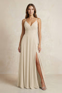 A - Line Cami Strap Chiffon Bridesmaid Dress With Slit in Champagne - KISS BRIDAL Bridesmaid Dresses