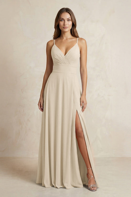 A - Line Cami Strap Chiffon Bridesmaid Dress With Slit in Champagne - KISS BRIDAL Bridesmaid Dresses