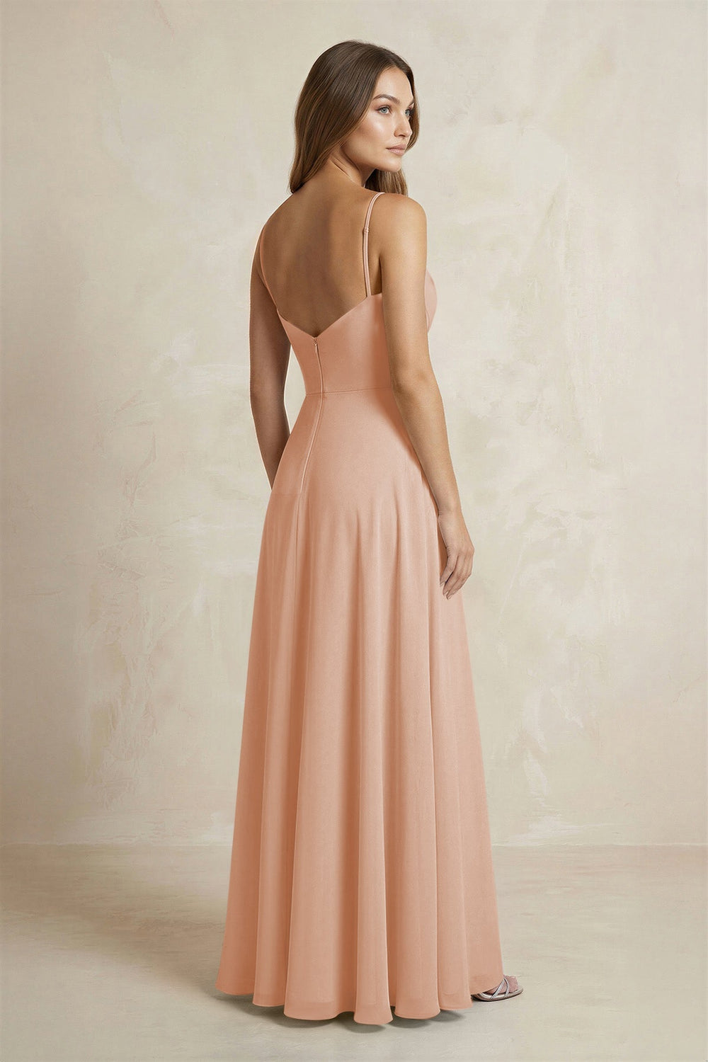A - Line Cami Strap Chiffon Bridesmaid Dress With Slit in Champagne Rose - KISS BRIDAL Bridesmaid Dresses