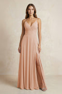 A - Line Cami Strap Chiffon Bridesmaid Dress With Slit in Champagne Rose - KISS BRIDAL Bridesmaid Dresses