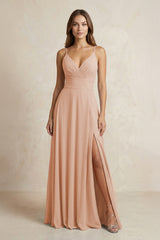 A - Line Cami Strap Chiffon Bridesmaid Dress With Slit in Champagne Rose - KISS BRIDAL Bridesmaid Dresses