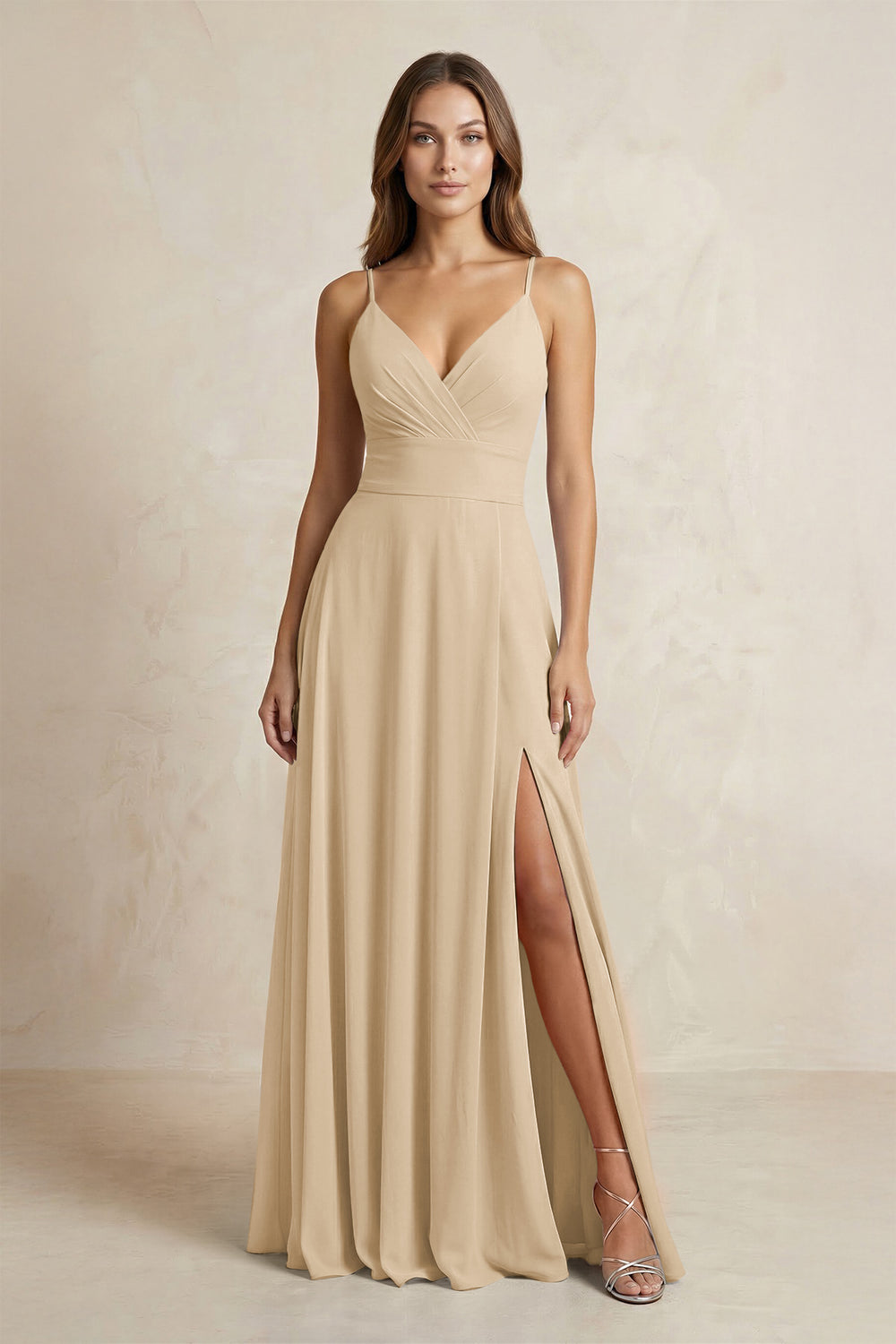 A-Line Cami Strap Chiffon Bridesmaid Dress With Slit in Champagne