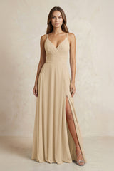 A-Line Cami Strap Chiffon Bridesmaid Dress With Slit in Champagne | KISSBRIDAL