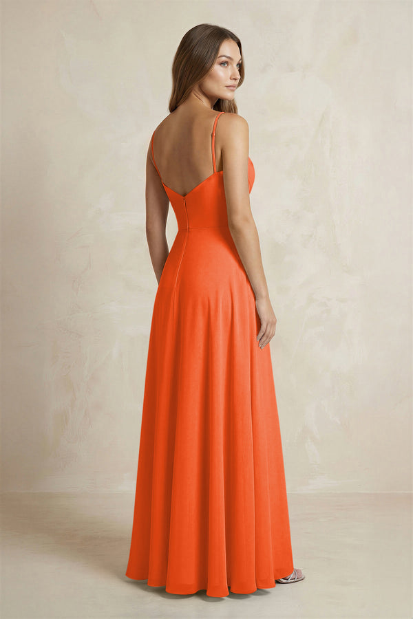 A-Line Cami Strap Chiffon Bridesmaid Dress With Slit in Cinnamon (2) | KISSBRIDAL