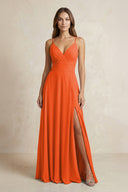A-Line Cami Strap Chiffon Bridesmaid Dress With Slit in Cinnamon | KISSBRIDAL