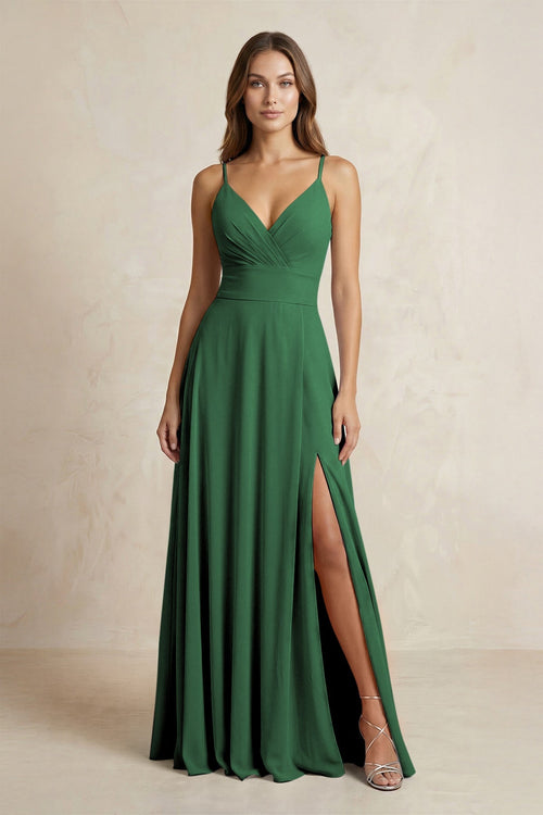A - Line Cami Strap Chiffon Bridesmaid Dress With Slit in Dark Green - KISS BRIDAL Bridesmaid Dresses
