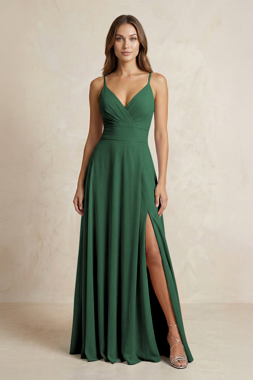 A-Line Cami Strap Chiffon Bridesmaid Dress With Slit in Dark Green | KISSBRIDAL