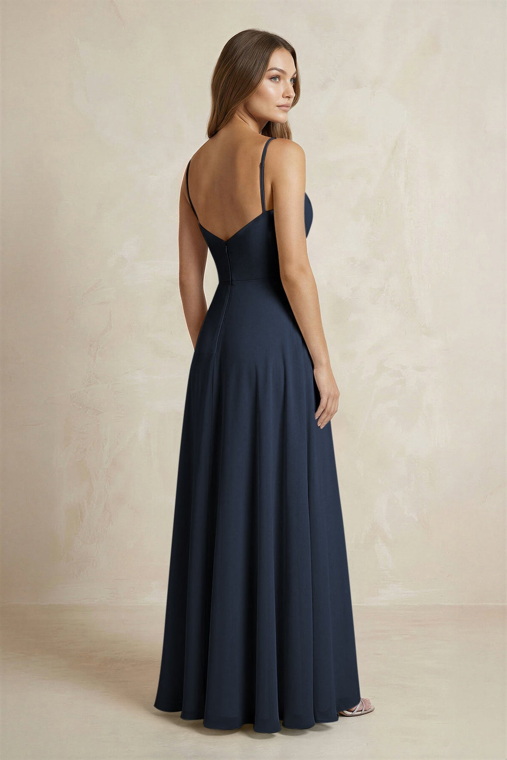 A - Line Cami Strap Chiffon Bridesmaid Dress With Slit in Dark Navy - KISS BRIDAL Bridesmaid Dresses