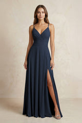 A - Line Cami Strap Chiffon Bridesmaid Dress With Slit in Dark Navy - KISS BRIDAL Bridesmaid Dresses