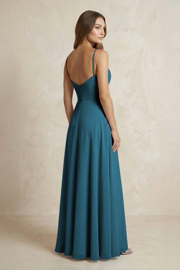 A - Line Cami Strap Chiffon Bridesmaid Dress With Slit in Dark Teal - KISS BRIDAL Bridesmaid Dresses