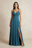 A - Line Cami Strap Chiffon Bridesmaid Dress With Slit in Dark Teal - KISS BRIDAL Bridesmaid Dresses