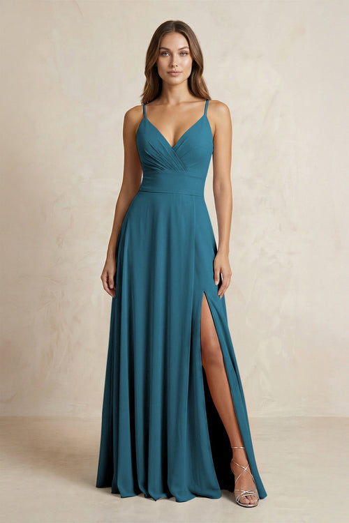 A - Line Cami Strap Chiffon Bridesmaid Dress With Slit in Dark Teal - KISS BRIDAL Bridesmaid Dresses