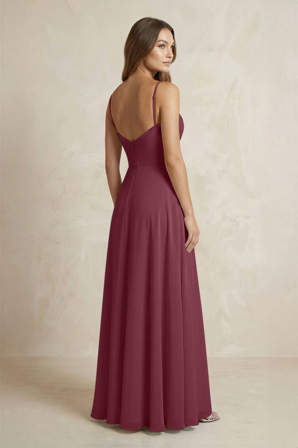 A-Line Cami Strap Chiffon Bridesmaid Dress With Slit in Desert Rose (2) | KISSBRIDAL