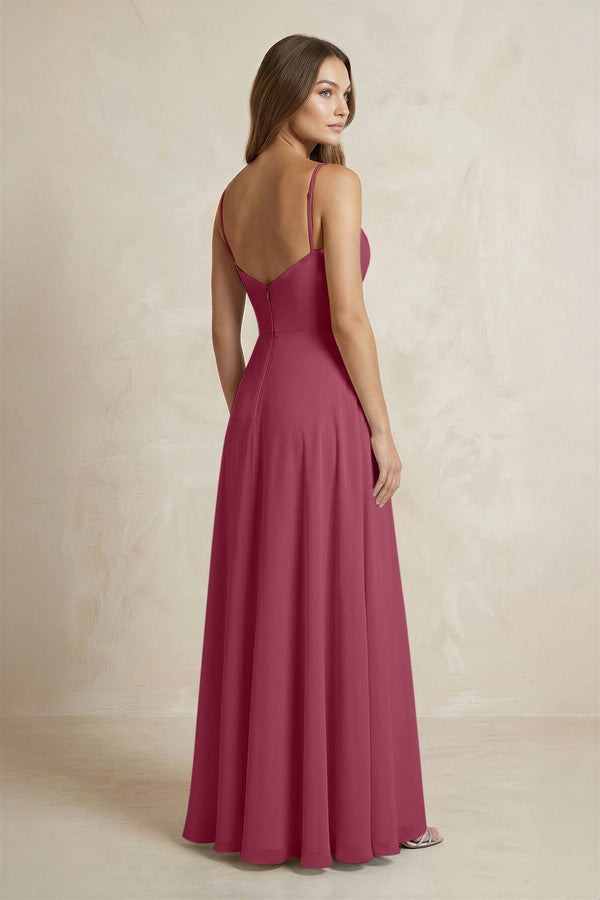 A - Line Cami Strap Chiffon Bridesmaid Dress With Slit in Desert Rose - KISS BRIDAL Bridesmaid Dresses