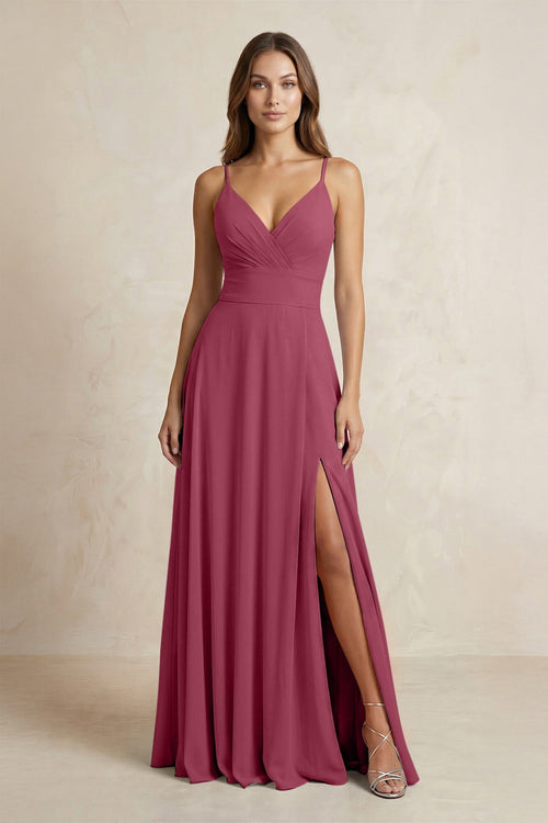 A - Line Cami Strap Chiffon Bridesmaid Dress With Slit in Desert Rose - KISS BRIDAL Bridesmaid Dresses