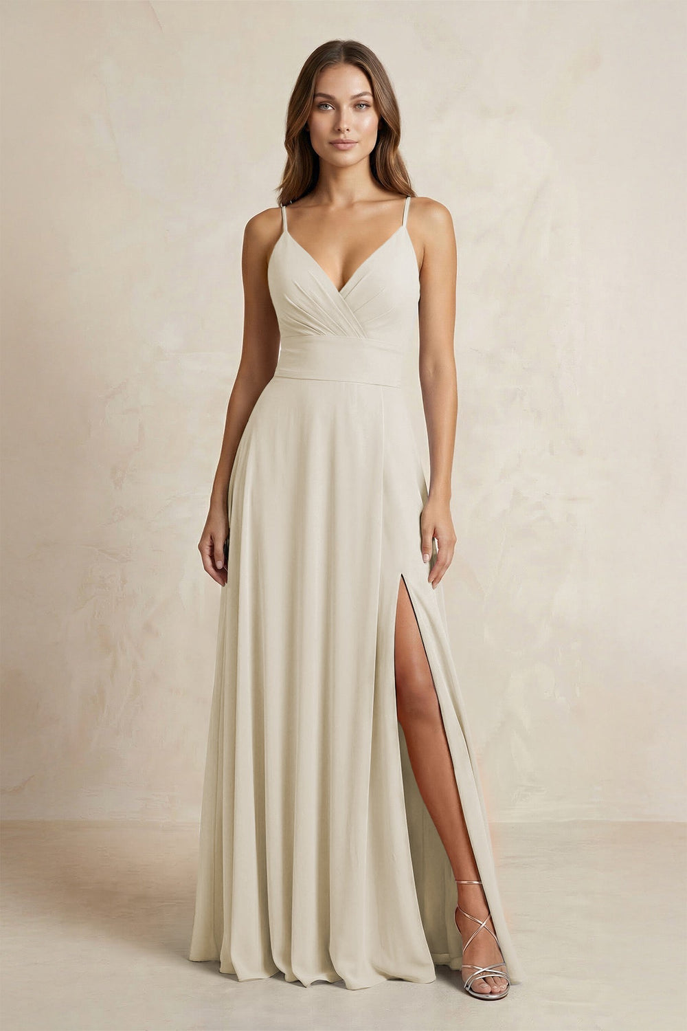 A - Line Cami Strap Chiffon Bridesmaid Dress With Slit in Dove Gray - KISS BRIDAL Bridesmaid Dresses
