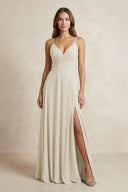 A - Line Cami Strap Chiffon Bridesmaid Dress With Slit in Dove Gray - KISS BRIDAL Bridesmaid Dresses