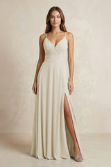 A - Line Cami Strap Chiffon Bridesmaid Dress With Slit in Dove Gray - KISS BRIDAL Bridesmaid Dresses