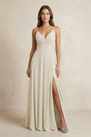 A - Line Cami Strap Chiffon Bridesmaid Dress With Slit in Dove Gray - KISS BRIDAL Bridesmaid Dresses