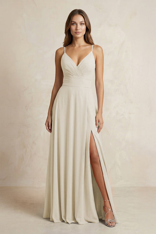 A - Line Cami Strap Chiffon Bridesmaid Dress With Slit in Dove Gray - KISS BRIDAL Bridesmaid Dresses