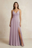 A - Line Cami Strap Chiffon Bridesmaid Dress With Slit in Dusk - KISS BRIDAL Bridesmaid Dresses