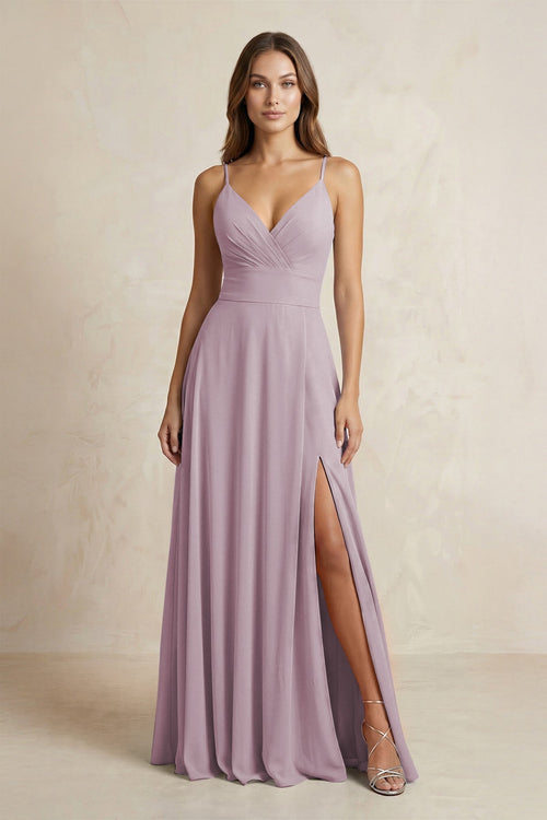 A - Line Cami Strap Chiffon Bridesmaid Dress With Slit in Dusk - KISS BRIDAL Bridesmaid Dresses