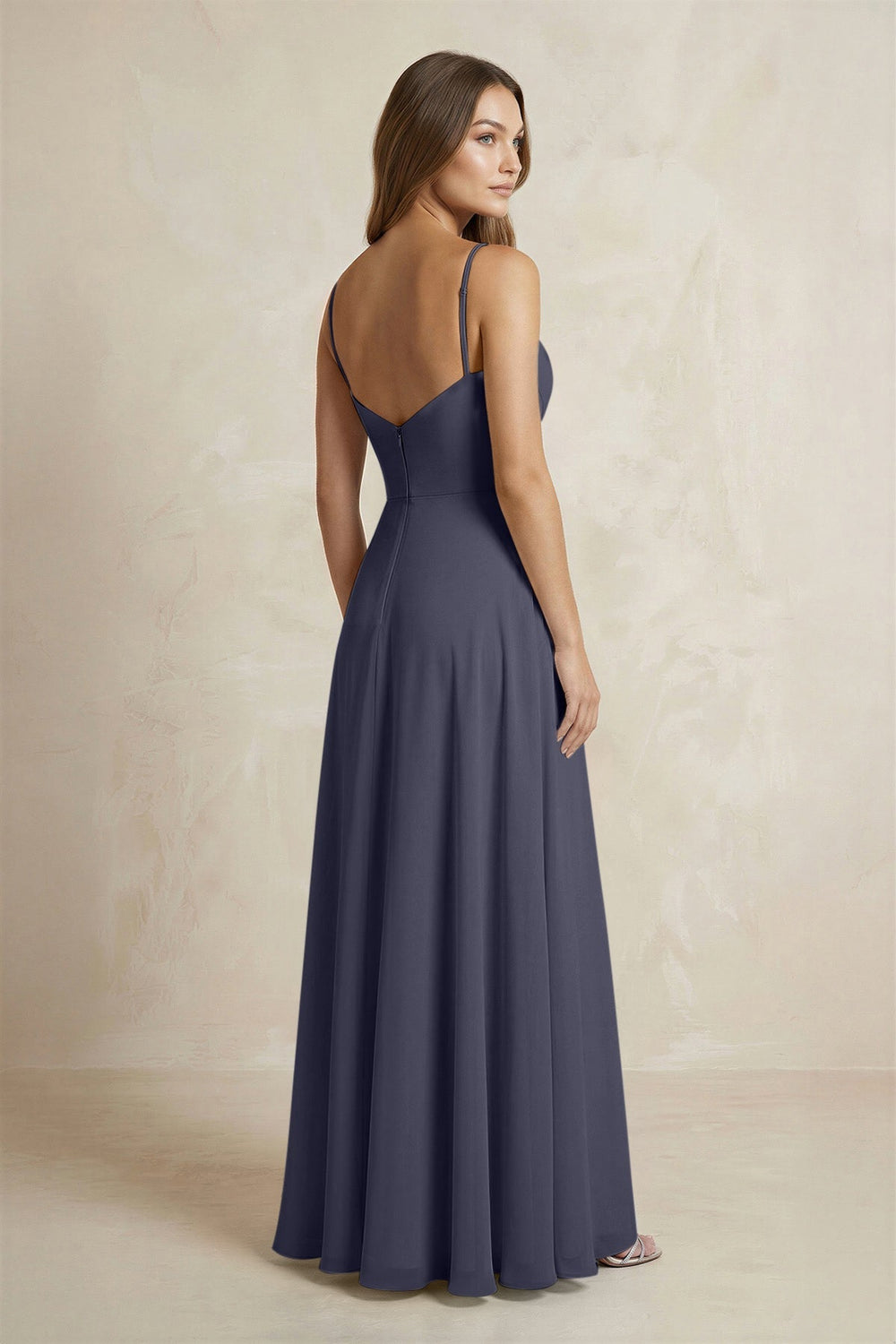 A - Line Cami Strap Chiffon Bridesmaid Dress With Slit in Dusk Blue - KISS BRIDAL Bridesmaid Dresses