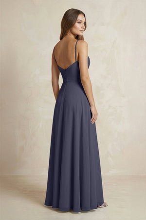A - Line Cami Strap Chiffon Bridesmaid Dress With Slit in Dusk Blue - KISS BRIDAL Bridesmaid Dresses