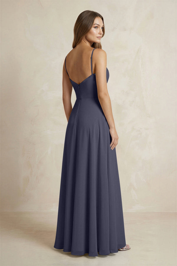 A - Line Cami Strap Chiffon Bridesmaid Dress With Slit in Dusk Blue - KISS BRIDAL Bridesmaid Dresses