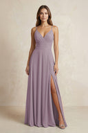 A-Line Cami Strap Chiffon Bridesmaid Dress With Slit in Dusk | KISSBRIDAL