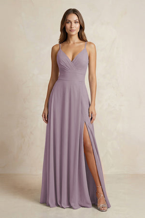A-Line Cami Strap Chiffon Bridesmaid Dress With Slit in Dusk | KISSBRIDAL