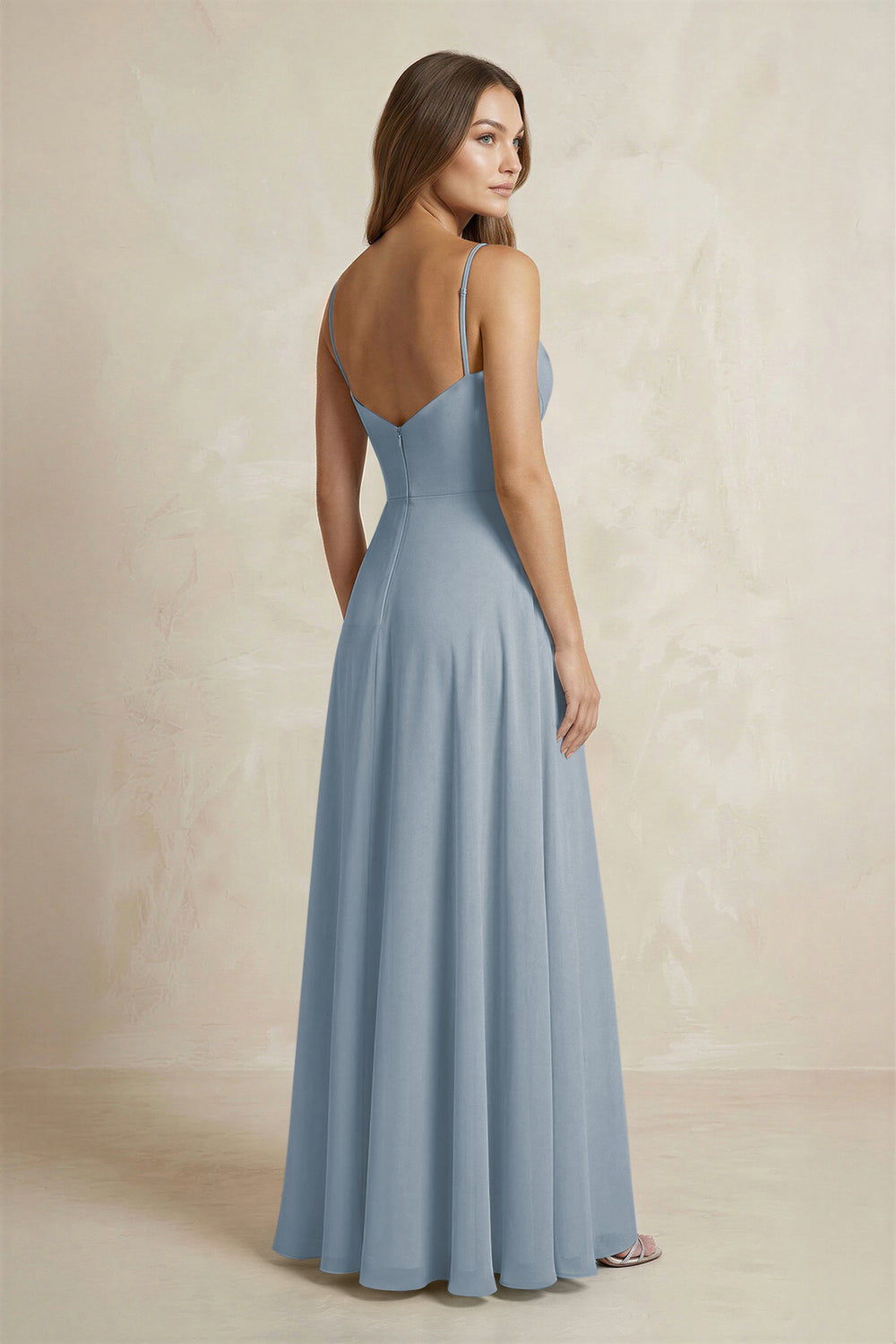 A-Line Cami Strap Chiffon Bridesmaid Dress With Slit in Dusty Blue