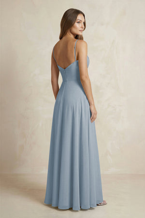 A-Line Cami Strap Chiffon Bridesmaid Dress With Slit in Dusty Blue (2) | KISSBRIDAL