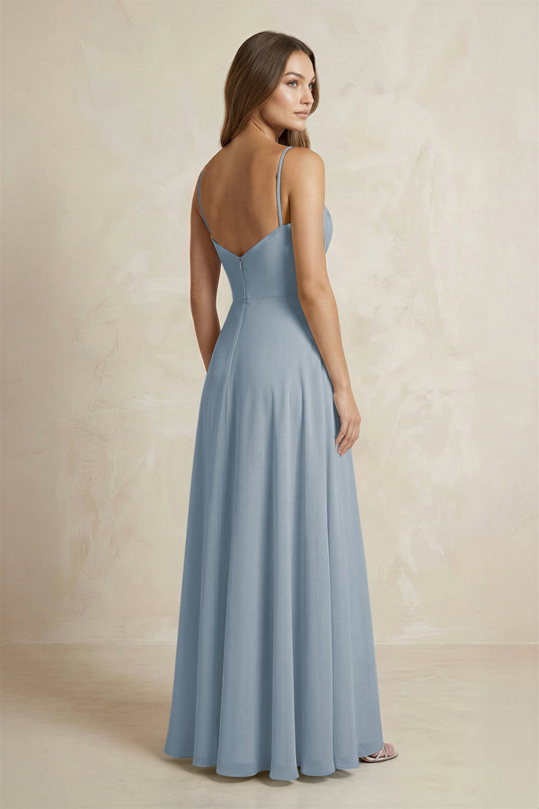 A-Line Cami Strap Chiffon Bridesmaid Dress With Slit in Dusty Blue (2) | KISSBRIDAL