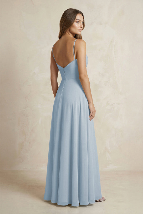 A - Line Cami Strap Chiffon Bridesmaid Dress With Slit in Dusty Blue - KISS BRIDAL Bridesmaid Dresses