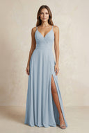 A - Line Cami Strap Chiffon Bridesmaid Dress With Slit in Dusty Blue - KISS BRIDAL Bridesmaid Dresses