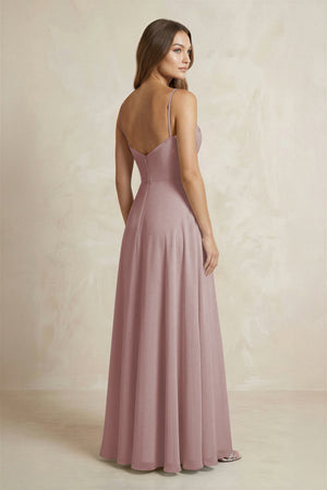 A-Line Cami Strap Chiffon Bridesmaid Dress With Slit in Dusty Rose (2) | KISSBRIDAL