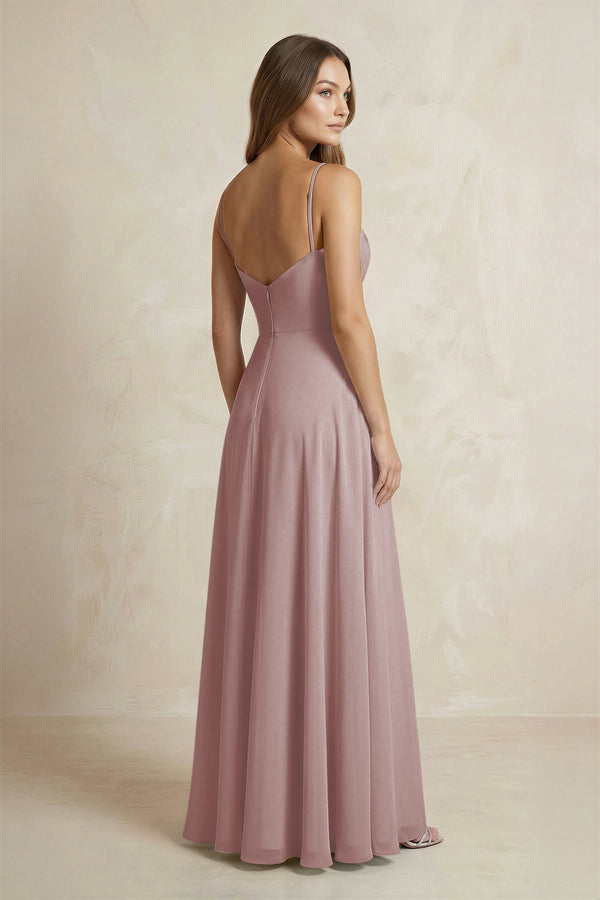 A-Line Cami Strap Chiffon Bridesmaid Dress With Slit in Dusty Rose (2) | KISSBRIDAL