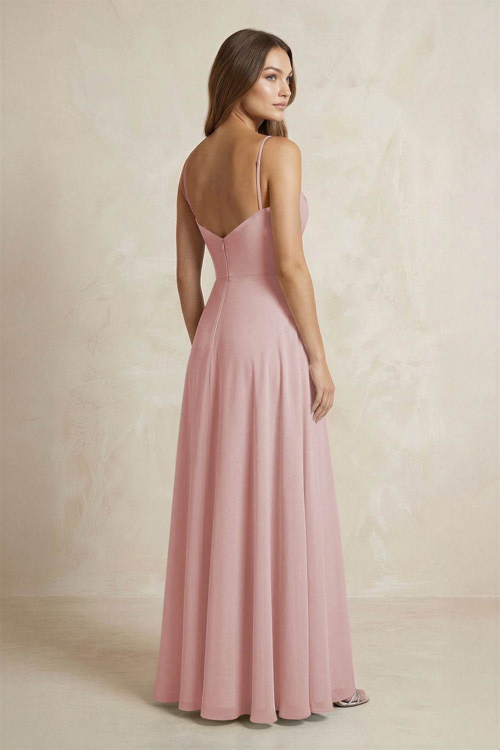 A - Line Cami Strap Chiffon Bridesmaid Dress With Slit in Dusty Rose - KISS BRIDAL Bridesmaid Dresses