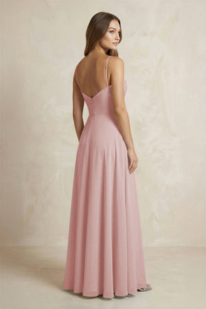 A - Line Cami Strap Chiffon Bridesmaid Dress With Slit in Dusty Rose - KISS BRIDAL Bridesmaid Dresses
