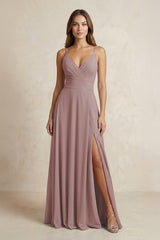A-Line Cami Strap Chiffon Bridesmaid Dress With Slit in Dusty Rose | KISSBRIDAL